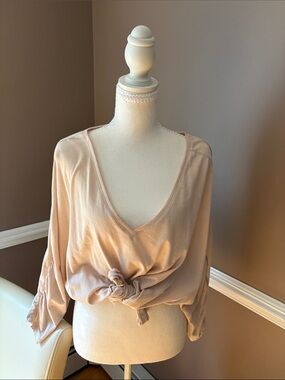 Knot-Front V-Neck Tunic Top - Light Beige